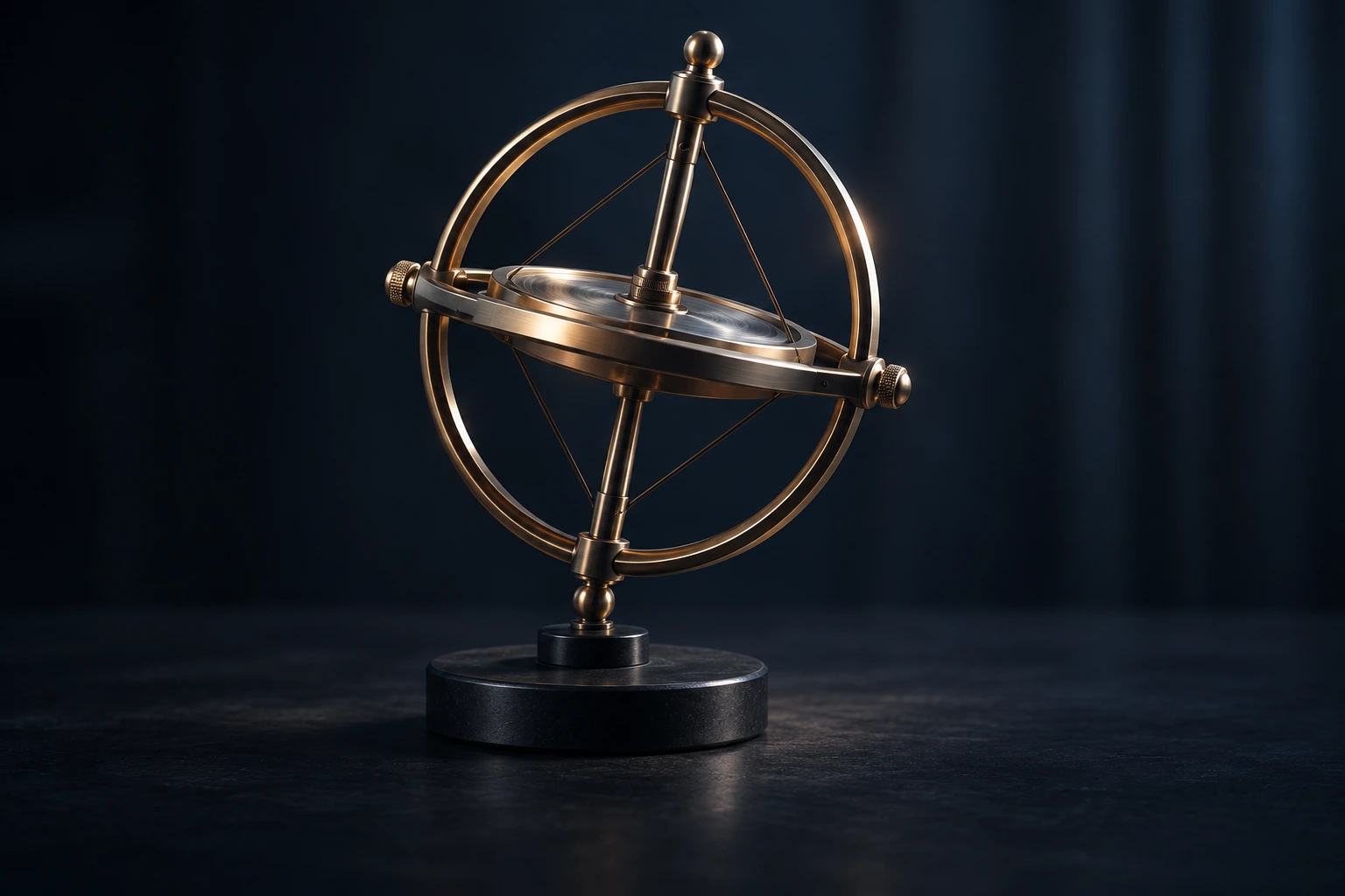 A bronze gyroscope with a flywheel and gimbal rings.