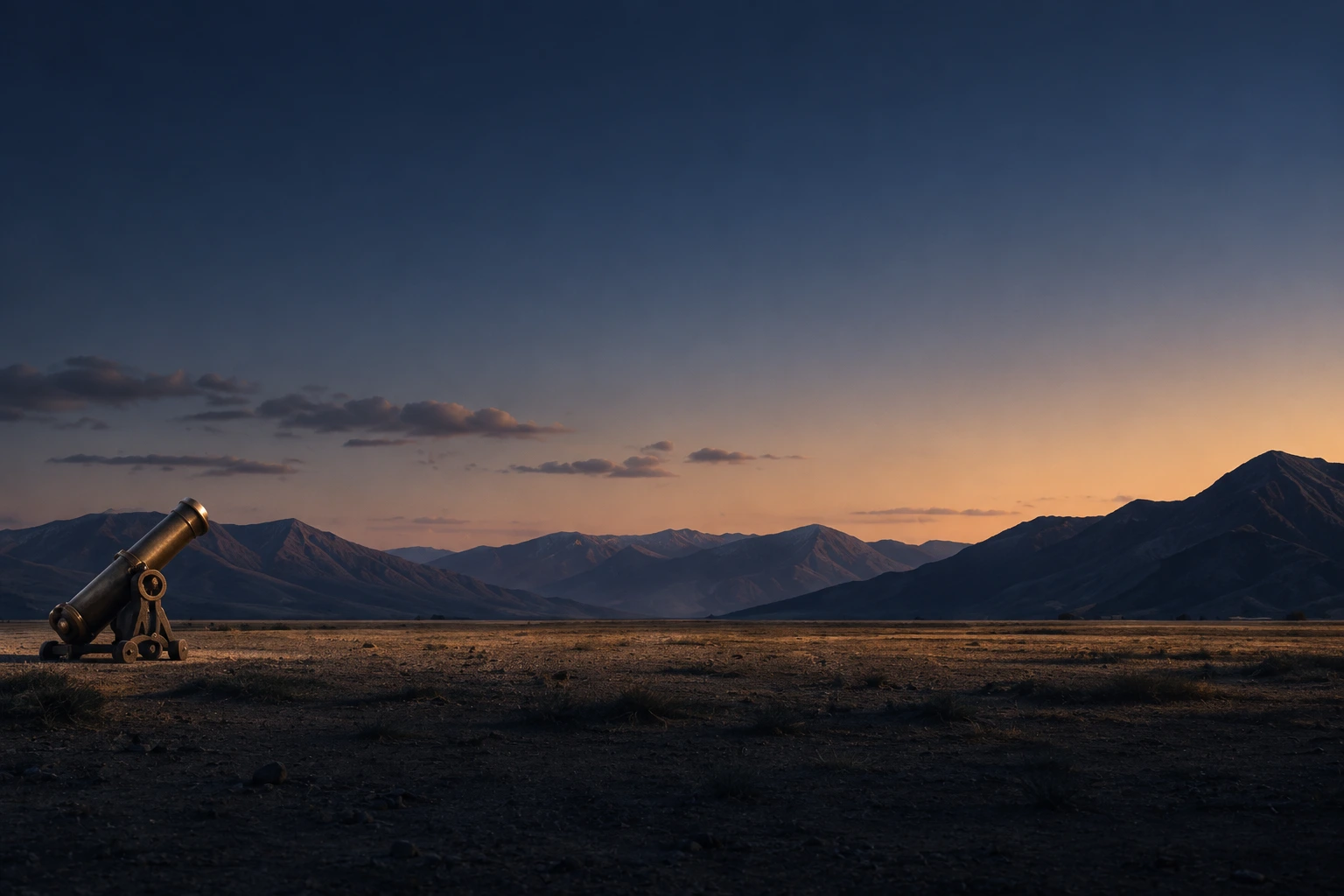A brass cannon beneath the evening sky.